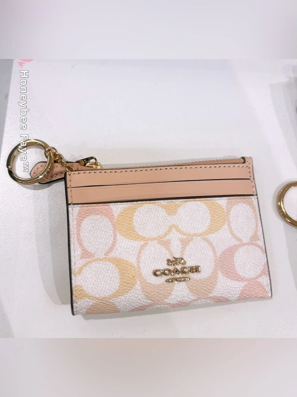 Coach skinny card case in Signature Canvas Card Case Keyring in Pink & Cream